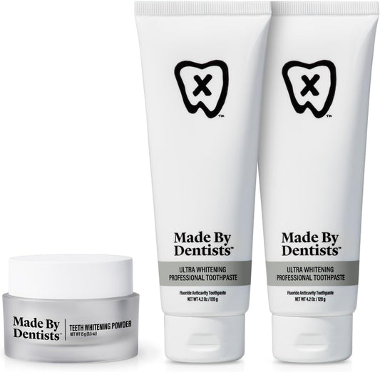 Whitening Powder + Ultra Whitening Toothpaste – Complete Whitening Bundle for Sensitive Teeth with Hydroxyapatite Fluoride & Hydrogen Peroxide – ADA Approved, Non-Abrasive & Vegan