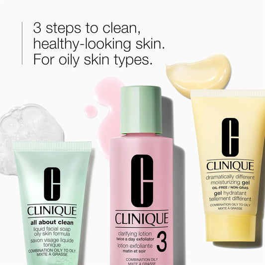 Clinique 3-Step Refresher Course Skincare Gift Set | Face Soap, Clarifying Lotion + Dramatically Different Lotion | Includes 3 Travel Sizes | 2 Formulas For Dry or Oily Combination Skin Types