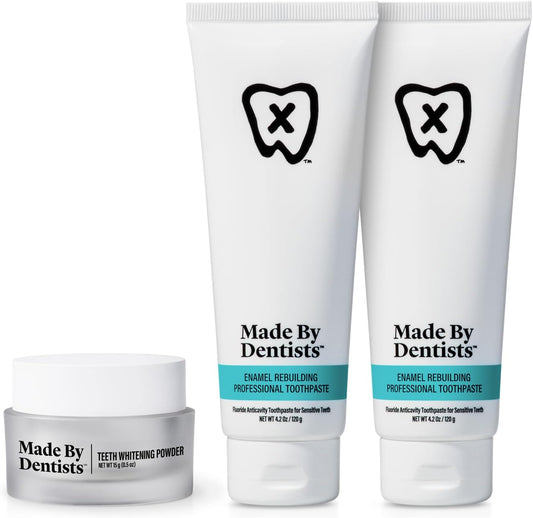 Whitening Powder + Enamel Toothpaste – Remineralizing Bundle with Hydroxyapatite – Non-Abrasive Stain Removal with Pap & Enamel Strengthening with Fluoride